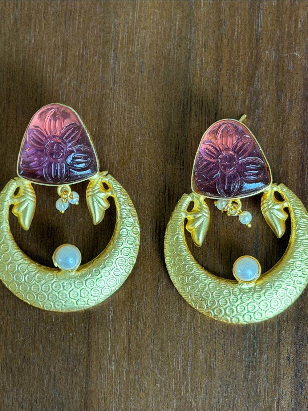 Gold and Purple Floral Hoop Drop Earrings - Women Jewelry